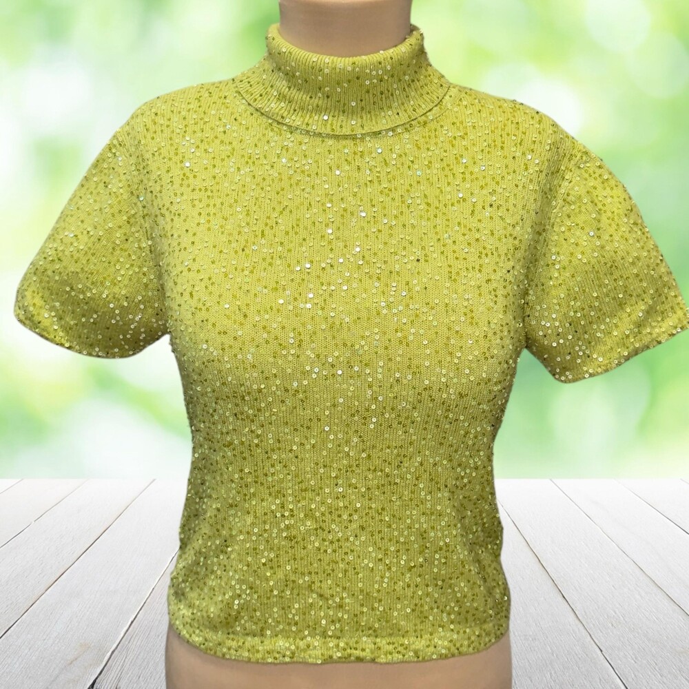 Vintage Y2K Silk Cashmere Sweater Mini Sequin Beaded Turtleneck Sparkle Size S